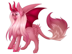 Size: 2661x2000 | Tagged: safe, artist:minelvi, derpibooru import, oc, oc only, dracony, dragon, hybrid, pony, bat wings, female, hoof fluff, horns, mare, simple background, solo, transparent background, wings