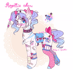 Size: 2048x2024 | Tagged: safe, artist:akimi--chan, derpibooru import, oc, oc only, earth pony, pony, bag, bow, choker, clothes, earth pony oc, female, hat, heterochromia, jewelry, licking, licking lips, magic, mare, necklace, needle, nurse hat, saddle bag, signature, socks, solo, tail bow, telekinesis, tongue out