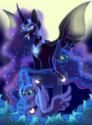 Size: 1613x2200 | Tagged: safe, artist:karathepony, derpibooru import, nightmare moon, princess luna, alicorn, pony, flower, lunar trinity, magic, s1 luna