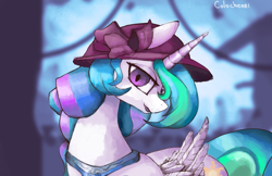 Size: 3831x2482 | Tagged: safe, artist:colochenni, derpibooru import, princess celestia, alicorn, pony, alternate hairstyle, blurry background, canterlot, collar, female, hat, horn, wings