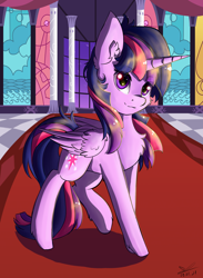 Size: 1090x1490 | Tagged: safe, artist:yuris, derpibooru import, twilight sparkle, twilight sparkle (alicorn), alicorn, pony, canterlot, chest fluff, ear fluff, ears, female, folded wings, mare, solo, wing fluff, wings