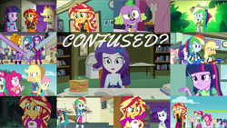 Size: 1966x1107 | Tagged: safe, derpibooru import, edit, edited screencap, editor:quoterific, screencap, adagio dazzle, apple bloom, applejack, aria blaze, fluttershy, photo finish, pinkie pie, pixel pizazz, rainbow dash, rarity, sci-twi, scootaloo, sonata dusk, spike, spike the regular dog, sunset shimmer, twilight sparkle, violet blurr, dog, better together, epic fails (equestria girls), eqg summertime shorts, equestria girls, equestria girls (movie), forgotten friendship, leaping off the page, legend of everfree, rainbow rocks, the science of magic, confused, food, geode of empathy, geode of fauna, geode of shielding, geode of sugar bombs, geode of super speed, geode of super strength, geode of telekinesis, humane five, humane seven, humane six, magical geodes, sandwich, spike the dog, the dazzlings