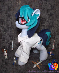 Size: 2304x2820 | Tagged: safe, artist:1stastrastudio, derpibooru import, oc, oc:delta vee, pony, clothes, irl, lab coat, photo, plushie, rocket, satellite, solo, toy