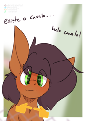 Size: 1956x2742 | Tagged: safe, artist:kirbirb, derpibooru import, oc, oc only, oc:notetaker, earth pony, pony, bust, emoji, eye clipping through hair, looking at you, male, portuguese, solo, stallion