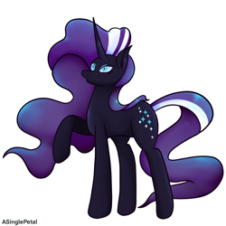 Size: 2048x2048 | Tagged: safe, artist:asinglepetal, derpibooru import, nightmare rarity, pony, unicorn, female, horn, mare, purple coat, raised hoof, simple background, solo, two toned mane, two toned tail, white background