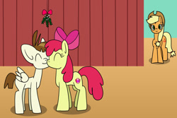 Size: 1280x854 | Tagged: safe, artist:platinumdrop, derpibooru import, apple bloom, applejack, featherweight, earth pony, pony, female, kissing, male, mistletoe, request, shipping, straight