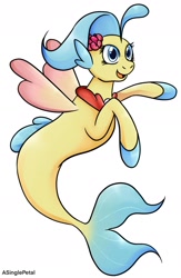 Size: 1280x1964 | Tagged: safe, artist:asinglepetal, derpibooru import, princess skystar, seapony (g4), my little pony: the movie, female, fin wings, fins, fish tail, flower, flower in hair, freckles, jewelry, necklace, open mouth, pearl necklace, simple background, smiling, solo, tail, white background, wings