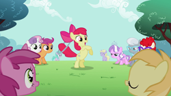 Size: 1920x1080 | Tagged: safe, derpibooru import, screencap, apple bloom, aura (character), diamond tiara, dinky hooves, noi, ruby pinch, scootaloo, silver spoon, sweetie belle, twist, earth pony, pegasus, pony, unicorn, the cutie pox, angry, bipedal, cutie mark, diamond tiara is not amused, eyes closed, female, filly, glasses, jewelry, loop-de-hoop, necklace, open mouth, park, rearing, silver spoon is not amused, tiara