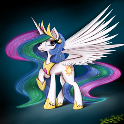 Size: 4000x4000 | Tagged: safe, artist:ser-p, derpibooru import, princess celestia, alicorn, pony, absurd resolution, ethereal mane, jewelry, looking at you, raised hoof, regalia, solo