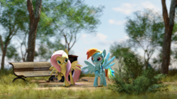 Size: 3840x2160 | Tagged: safe, artist:freasaloz, derpibooru import, fluttershy, rainbow dash, pegasus, pony, 3d, bench, female, sfm pony, source filmmaker, tree