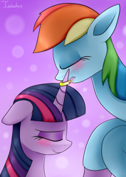 Size: 2480x3507 | Tagged: safe, artist:twidasher, derpibooru import, rainbow dash, twilight sparkle, pegasus, pony, blushing, eyes closed, female, horn, horn ring, jewelry, lesbian, ring, shipping, twidash