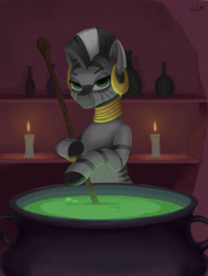 Size: 3543x4724 | Tagged: safe, artist:lin feng, derpibooru import, zecora, zebra, bedroom eyes, pot, potion