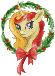 Size: 400x550 | Tagged: safe, artist:cwossie, derpibooru import, oc, oc only, oc:miss libussa, unicorn, bow, christmas, czequestria, eyeshadow, female, holiday, horn, makeup, mascot, simple background, solo, transparent background, unicorn oc, wreath