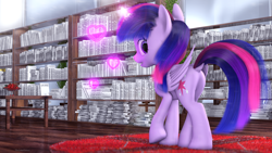 Size: 2560x1440 | Tagged: safe, artist:thelunagames, derpibooru import, twilight sparkle, twilight sparkle (alicorn), alicorn, pony, 3d, book, bookshelf, cinema4d, female, folded wings, glowing horn, heart, horn, looking back, magic, mare, solo, wings