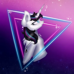 Size: 1080x1080 | Tagged: safe, alternate version, artist:rxndxm.artist, derpibooru import, oc, oc only, oc:shooting star, pony, unicorn, abstract background, bust, chest fluff, female, horn, jewelry, looking back, looking up, mare, necklace, solo, unicorn oc