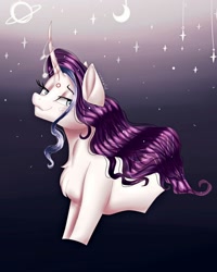 Size: 1080x1350 | Tagged: safe, artist:rxndxm.artist, derpibooru import, oc, oc only, pony, unicorn, bedroom eyes, bust, chest fluff, crescent moon, eyelashes, female, gradient background, horn, horn jewelry, jewelry, mare, moon, smiling, solo, stars, unicorn oc