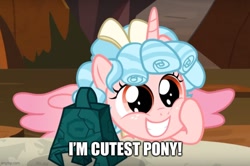 Size: 751x500 | Tagged: safe, derpibooru import, edit, edited screencap, screencap, cozy glow, alicorn, pegasus, pony, season 9, the ending of the end, alicornified, bell, caption, cozy glow is best facemaker, cozybetes, cozycorn, cute, cuteness overload, evil cuteness, female, grogar's bell, image macro, imgflip, race swap, solo, text