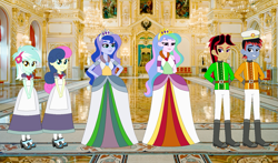 Size: 1457x856 | Tagged: safe, artist:karalovely, derpibooru import, bon bon, lyra heartstrings, princess cadance, princess luna, sweetie drops, oc, human, equestria girls, humanized, long dress