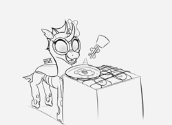 Size: 5500x4000 | Tagged: safe, artist:evan555alpha, ponybooru exclusive, oc, oc only, oc:yvette (evan555alpha), changeling, evan's daily buggo, changeling oc, cooking, egg, female, frying pan, glasses, happy, magic, monochrome, round glasses, signature, sketch, solo, spatula, stove