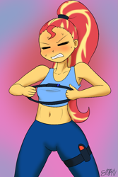 Size: 667x1000 | Tagged: safe, artist:empyu, sunset shimmer, equestria girls, 30 minute art challenge, alternate hairstyle, clothes, eyes closed, female, midriff, pants, purple background, ring fit adventure, simple background, struggling, you're doing it wrong