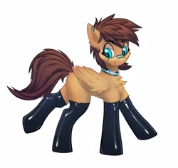 Size: 2250x2127 | Tagged: safe, alternate version, artist:pony-butt-express, oc, oc only, oc:kuri, pegasus, pony, butt fluff, chest fluff, clothes, collar, female, latex, looking back, mare, simple background, smiling, socks, solo, style emulation, thigh highs, white background, wings