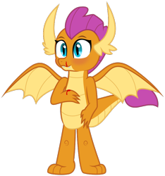 Size: 742x792 | Tagged: safe, artist:byteslice, derpibooru import, smolder, dragon, .svg available, blood, blushing, dragoness, female, nosebleed, simple background, smiling, spread wings, standing, svg, transparent background, vector, wings