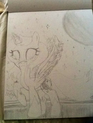 Size: 720x960 | Tagged: safe, artist:juliet-gwolf18, derpibooru import, oc, oc only, alicorn, pony, alicorn oc, eyelashes, full moon, glowing horn, horn, moon, raised hoof, solo, stars, traditional art, wings