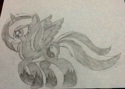 Size: 791x563 | Tagged: safe, artist:juliet-gwolf18, derpibooru import, oc, oc only, alicorn, pony, alicorn oc, base used, eyelashes, grayscale, hoof shoes, horn, monochrome, raised hoof, solo, traditional art, wings, yin-yang