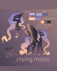 Size: 1080x1350 | Tagged: safe, artist:crying._.moon.not.sad, derpibooru import, oc, oc only, pegasus, pony, bust, crescent moon, duo, ear piercing, ethereal mane, eyelashes, moon, pegasus oc, piercing, reference sheet, starry mane, wings