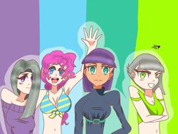 Size: 1024x768 | Tagged: safe, artist:kikithepegasisweeb, derpibooru import, limestone pie, marble pie, maud pie, pinkie pie, human, bare shoulders, belly button, belt, bikini, bikini top, breasts, clothes, crossed arms, dress, female, grin, humanized, open mouth, pie sisters, short shirt, siblings, sisters, smiling, sweater, swimsuit, tanktop, waving