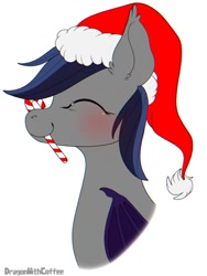 Size: 720x960 | Tagged: safe, artist:demonwithapen, derpibooru import, oc, oc only, oc:echo, bat pony, pony, bat pony oc, bat wings, candy, candy cane, christmas, commission, digital art, eyes closed, female, food, hat, holiday, mare, santa hat, simple background, smiling, solo, white background, wings, ych result