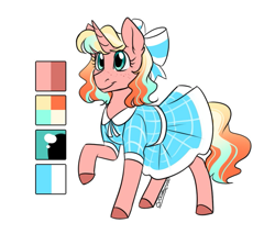 Size: 1037x882 | Tagged: safe, artist:cosmalumi, derpibooru import, oc, oc:peach tea, bow, clothes, dress, reference sheet, solo