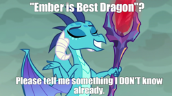 Size: 1280x718 | Tagged: safe, derpibooru import, edit, edited screencap, screencap, dragon lord ember, princess ember, dragon, gauntlet of fire, best dragon, bloodstone scepter, caption, female, solo, text