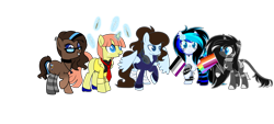 Size: 4305x1944 | Tagged: safe, artist:aestheticallylithi, artist:kb-gamerartist, derpibooru import, oc, oc only, oc:abella, oc:blueberry oatmeal, oc:krissy, oc:lithium, oc:tippy toes, pegasus, pony, unicorn, 2021 community collab, asexual, asexual pride flag, bandage, blank flank, brush, choker, clothes, coat, coat markings, corset, derpibooru community collaboration, ear piercing, earring, feather, female, flag, flower, flower in hair, freckles, gay pride flag, glasses, glowing horn, grin, headphones, high heels, hoodie, horn, jewelry, leonine tail, lesbian pride flag, levitation, lip piercing, magic, makeup, mare, mascara, multicolored hair, necklace, necktie, paintbrush, piercing, pride, pride flag, raised hoof, rose, shoes, simple background, smiling, socks, spiked wristband, spread wings, striped socks, tape, telekinesis, transparent background, wall of tags, wings, wristband