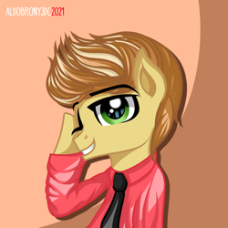 Size: 2000x2000 | Tagged: safe, artist:aldobronyjdc, derpibooru import, feather bangs, earth pony, pony, clothes, digital art, hairstyle, happy, male, necktie, one eye closed, shirt, simple background, smiling at you, solo, wink