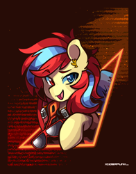 Size: 2346x3000 | Tagged: safe, artist:ciderpunk, derpibooru import, oc, oc only, oc:starflame blood, pegasus, pony, clothes, commission, cyberpunk, heterochromia, retrowave, solo, sunglasses, synthwave