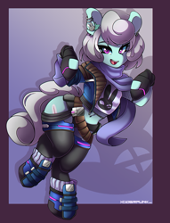 Size: 2290x3000 | Tagged: safe, artist:ciderpunk, derpibooru import, oc, boots, clothes, commission, cyberpunk, ear piercing, earring, gloves, jewelry, piercing, shoes