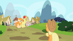 Size: 1920x1080 | Tagged: safe, artist:dashiesparkle, artist:estories, derpibooru import, edit, editor:jaredking203, applejack, bright mac, pear butter, earth pony, pony, female, male, mare, ponyville, stallion, story included, vector, vector edit