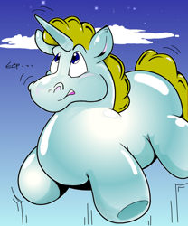 Size: 920x1108 | Tagged: safe, artist:roycalbeck, derpibooru import, inflatable pony, unicorn, balloon pony, floating, inflatable, inflation