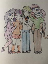 Size: 3024x4032 | Tagged: safe, artist:mintymelody, derpibooru import, applejack, fluttershy, pinkie pie, rarity, twilight sparkle, equestria girls, scooby doo, traditional art