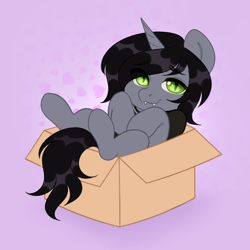 Size: 1000x1000 | Tagged: safe, artist:tookiut, derpibooru import, pony, unicorn, box, clothes, commission, disguise, disguised siren, fangs, horn, jewelry, kellin quinn, looking at you, lying down, male, necklace, on back, ponified, pony in a box, shirt, sleeping with sirens, slit eyes, smiling, solo, stallion, t-shirt, ych result