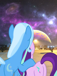 Size: 1024x1366 | Tagged: safe, artist:darknessthehedgehog3, artist:luckreza8, derpibooru import, starlight glimmer, trixie, pony, unicorn, female, lesbian, poster, shipping, startrix