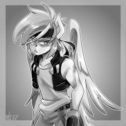 Size: 600x600 | Tagged: safe, artist:thegreatrouge, derpibooru import, rainbow dash, anthro, pegasus, clothes, grayscale, monochrome, old art