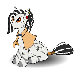 Size: 1800x1800 | Tagged: safe, artist:pony quarantine, derpibooru import, oc, oc:zurina, zebra, cloak, clothes, ear piercing, earring, female, jewelry, looking up, mare, piercing, simple background, sitting, solo, white background