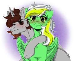 Size: 2200x1783 | Tagged: safe, artist:allisonbacker, derpibooru import, oc, oc:gumdrops, oc:shruggy, pegasus, pony, unicorn