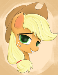 Size: 1426x1871 | Tagged: safe, artist:ponerino, derpibooru import, applejack, earth pony, pony, bust, colored, digital art, feral, hat, head, teeth