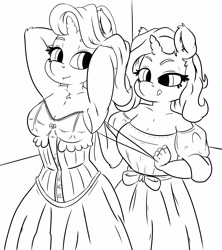 Size: 2957x3329 | Tagged: safe, artist:peachykireen, derpibooru import, starlight glimmer, trixie, anthro, unicorn, arm behind head, armpits, black and white, clothes, corset, digital art, dress, grayscale, lineart, monochrome, wedding dress