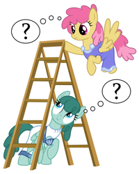 Size: 720x900 | Tagged: safe, artist:knightoftheraven, derpibooru import, dizzy twister, orange swirl, spring melody, sprinkle medley, pegasus, pony, clothes, colored, confused, dress, duo, female, flat colors, flying, inkscape, ladder, looking up, mare, pegasus tribe, question mark, show accurate, simple background, speech bubble, vector, white background