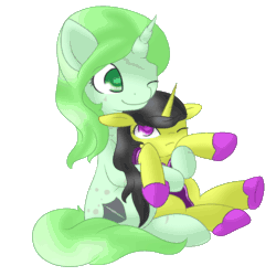 Size: 1000x1000 | Tagged: safe, artist:ruedle, derpibooru import, oc, oc only, oc:merriweather, oc:shai ni, pony, unicorn, animated, female, gif, hug, mare, simple background, transparent background