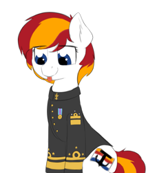 Size: 983x1160 | Tagged: safe, artist:czaroslaw, derpibooru import, edit, oc, oc only, oc:silverfoot hoofler, earth pony, pony, clothes, cutie mark, female, mare, medal, simple background, sitting, solo, tongue out, transparent background, uniform